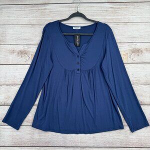 Ekouaer Henley Long Sleeve Blouse Women's Size Large Blue NEW